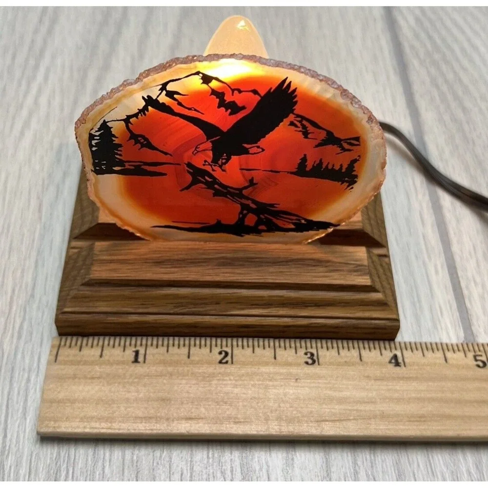 Vintage Rustic Eagle In Flight Pine Tree Mountain Mini Table Accent Lamp Decor